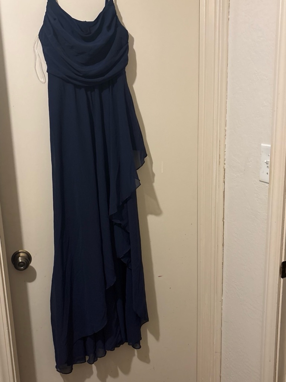 Navy Blue Draped Chiffon Evening Dress